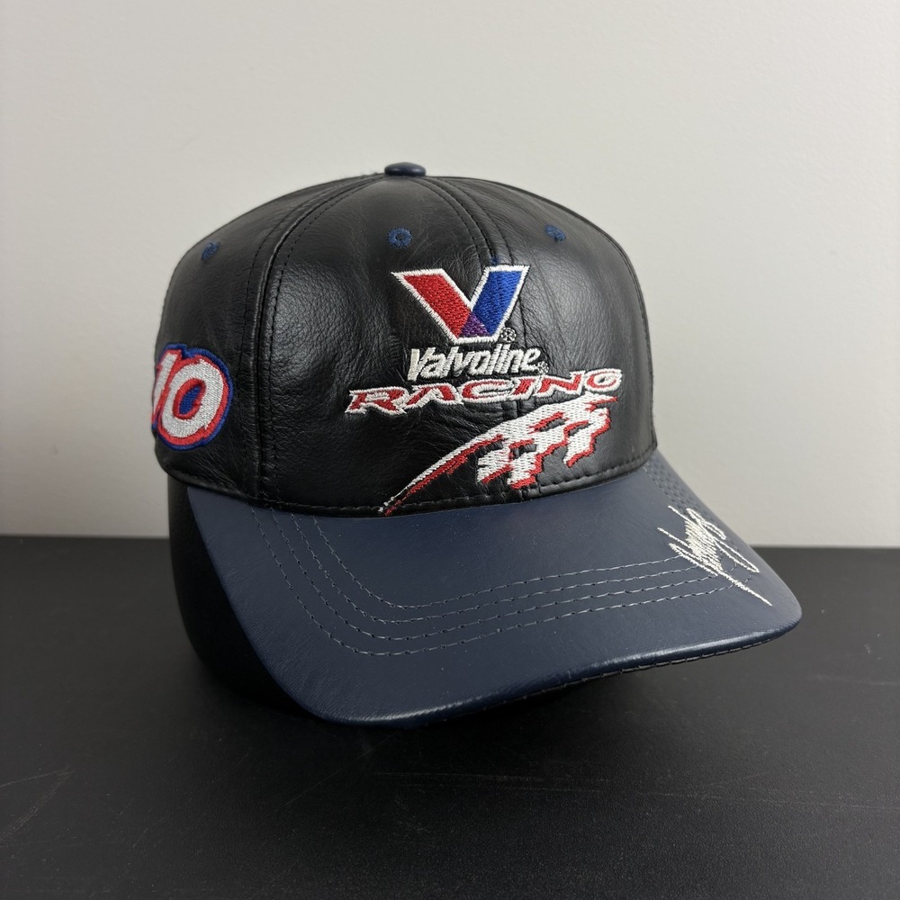 Vintage 90s Valvoline Racing Leather Hat Nascar Johnny Benson Black Blue Cap